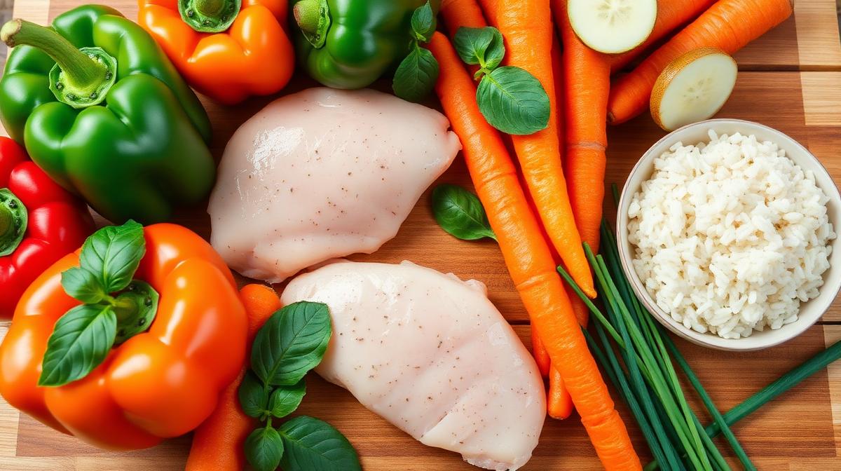 Essential low FODMAP meal prep ingredients laid out on a wooden cutting board Fresh low FODMAP ingredients on a cutting board including bell peppers, carrots, chicken, and rice
