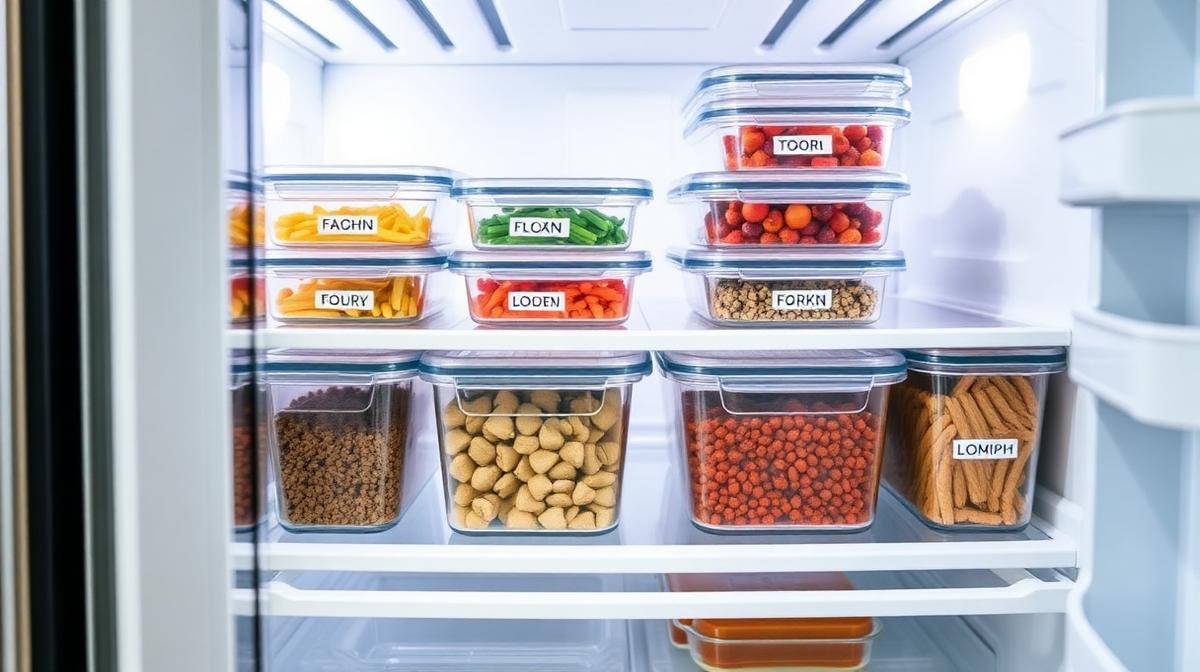 Properly stored low FODMAP meal prep containers in the refrigerator Organized meal prep containers stored neatly in a refrigerator
