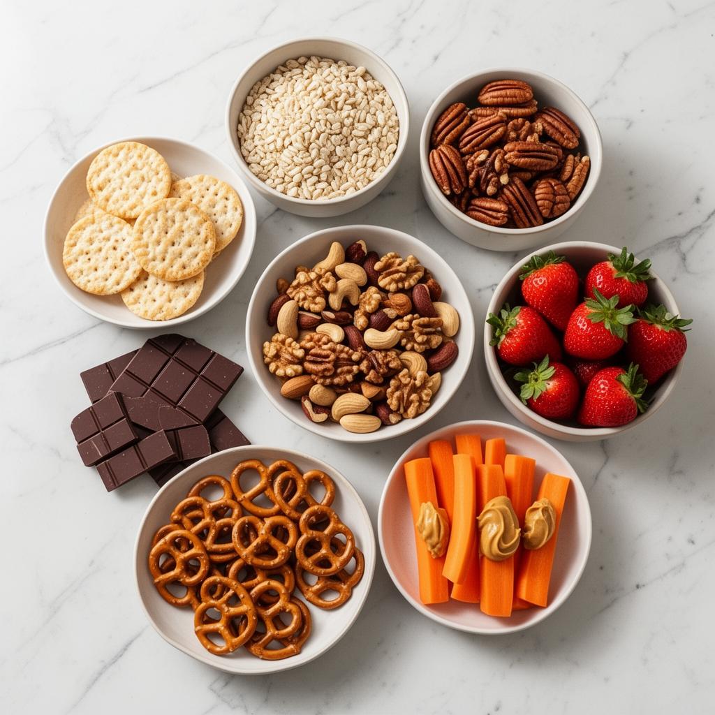 Low FODMAP snacks arranged on a marble counter including nuts, crackers, strawberries, dark chocolate, pretzels, and carrot sticks with peanut butter