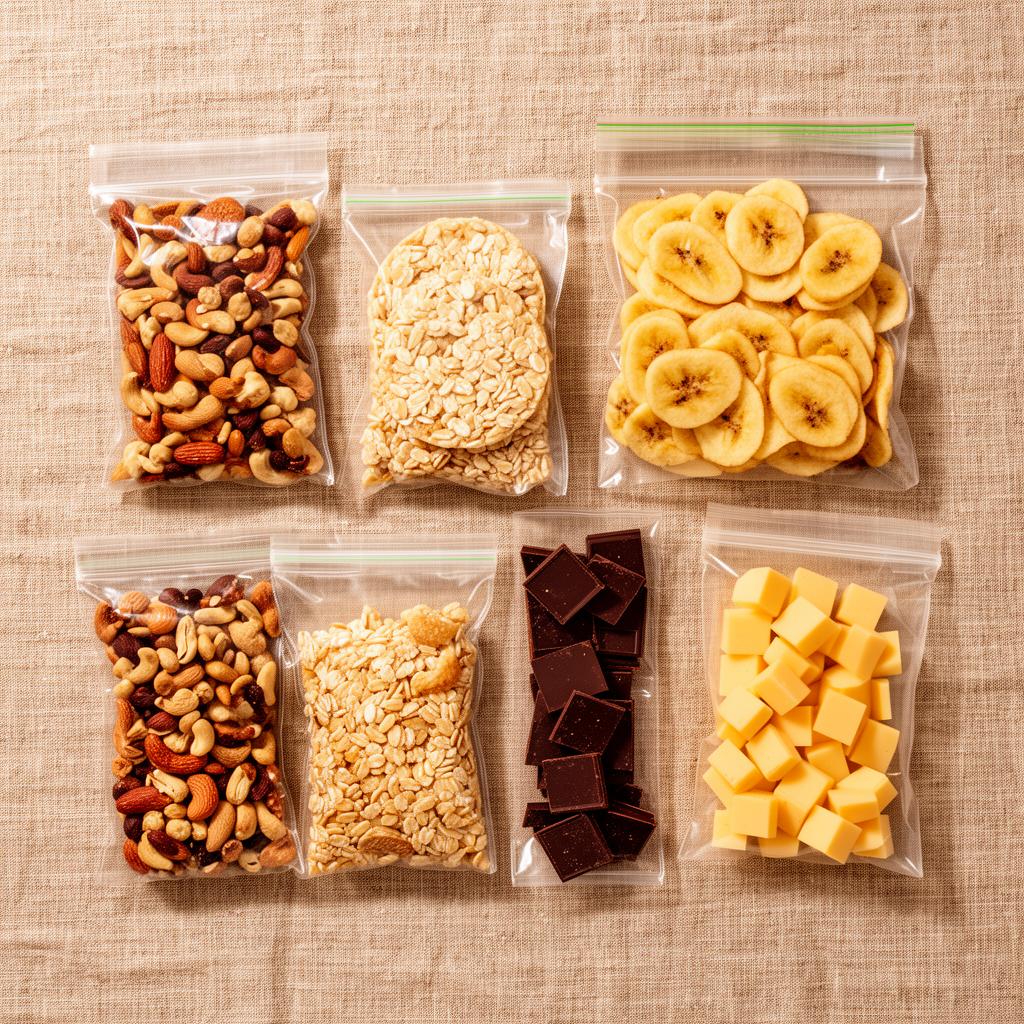 Grab-and-go low FODMAP snack bags portioned for work and travel including nuts, rice cakes, banana chips, dark chocolate, and cheese cubes