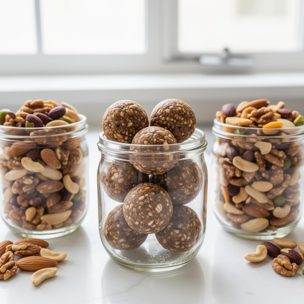 Homemade low FODMAP energy balls and trail mix in glass jars for weekly snack prep