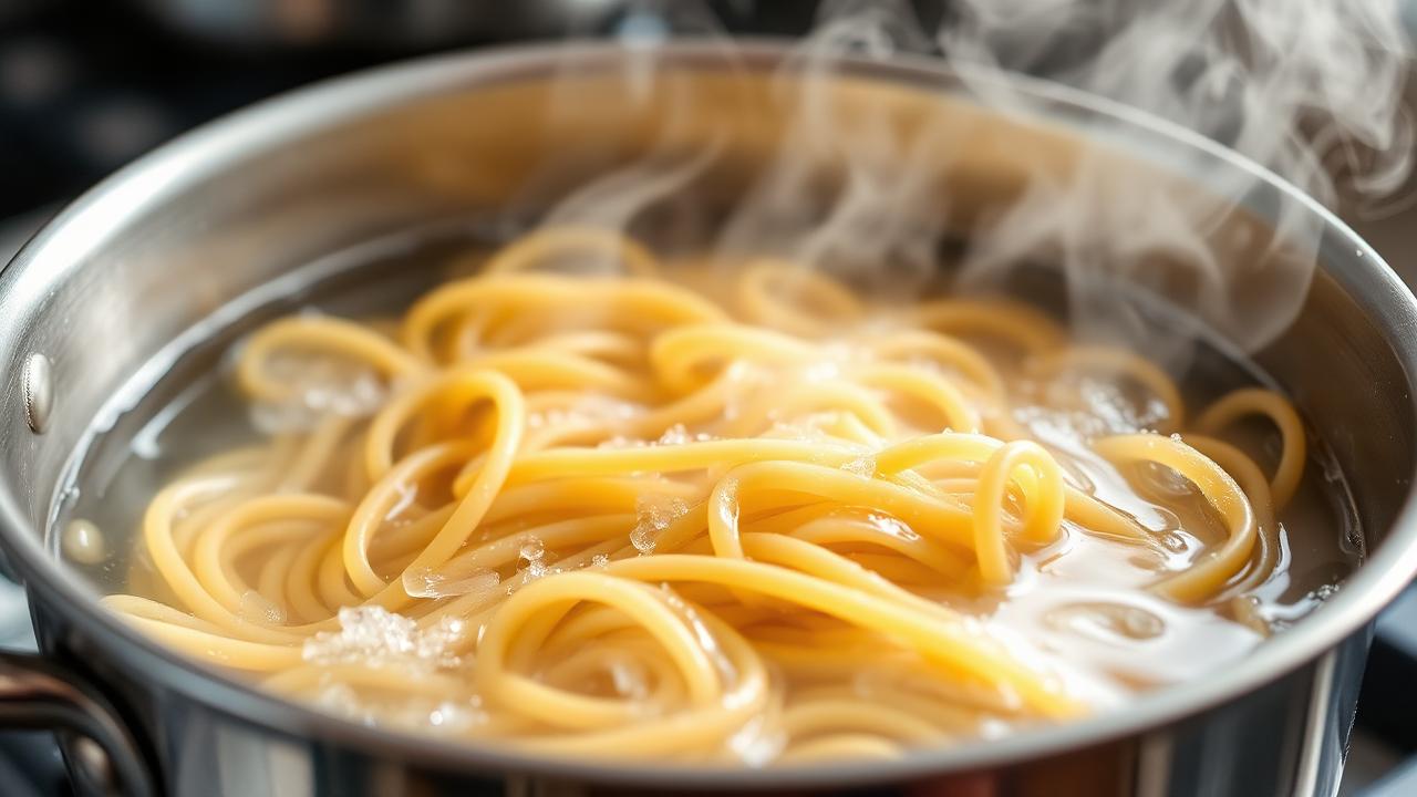 Gluten-free pasta cooking in boiling salted water for low FODMAP pasta recipe