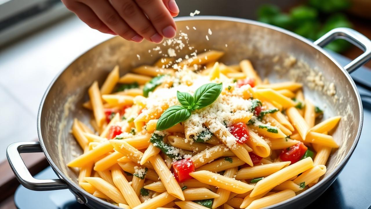 Tossing gluten-free penne with creamy low FODMAP primavera sauce and Parmesan