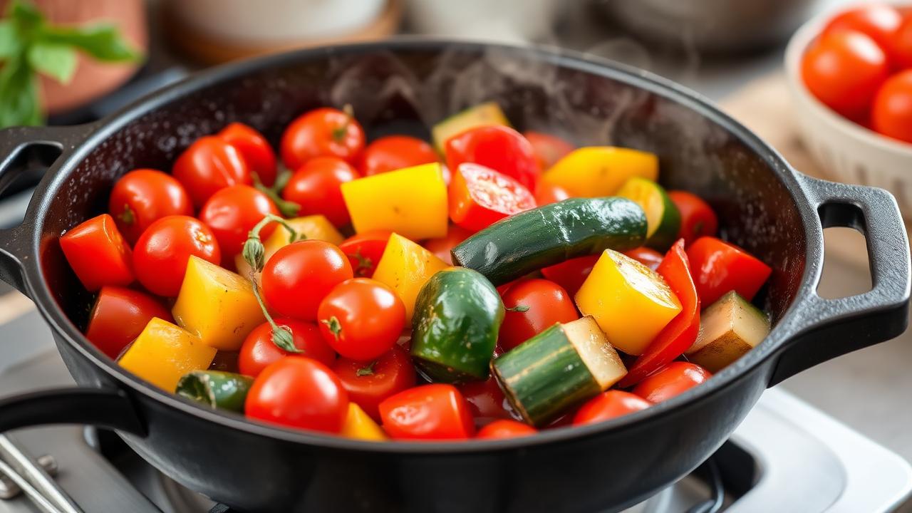 Sautéing colorful vegetables in garlic-infused oil for low FODMAP pasta primavera