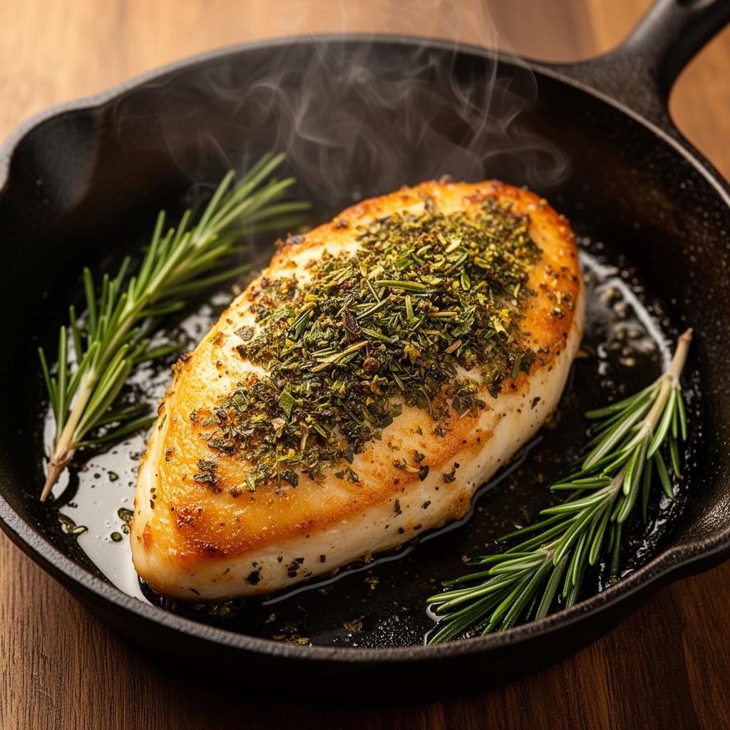 Golden herb-crusted chicken breast searing in a cast iron skillet with fresh rosemary sprigs and steam rising