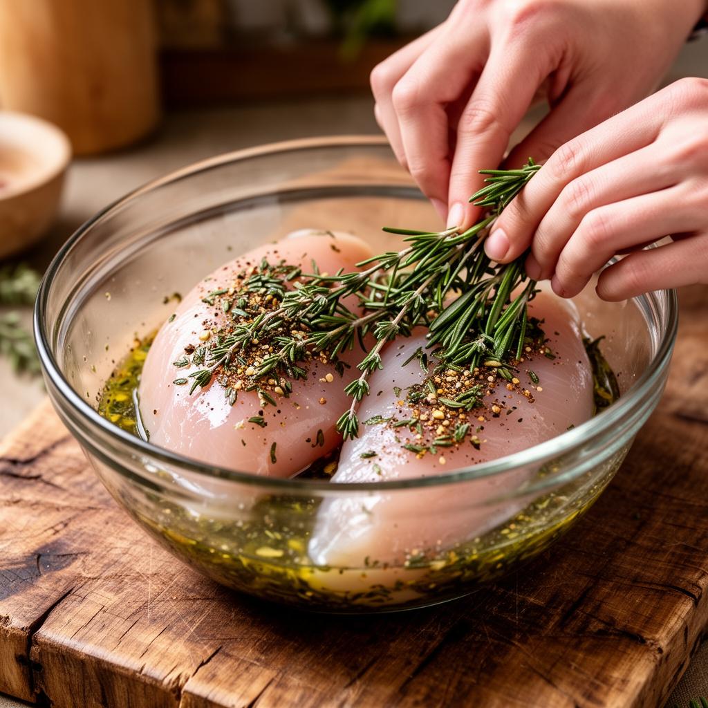 Chicken breasts being coated with fresh rosemary, thyme, and spice herb marinade in a glass bowl for low FODMAP recipe preparation