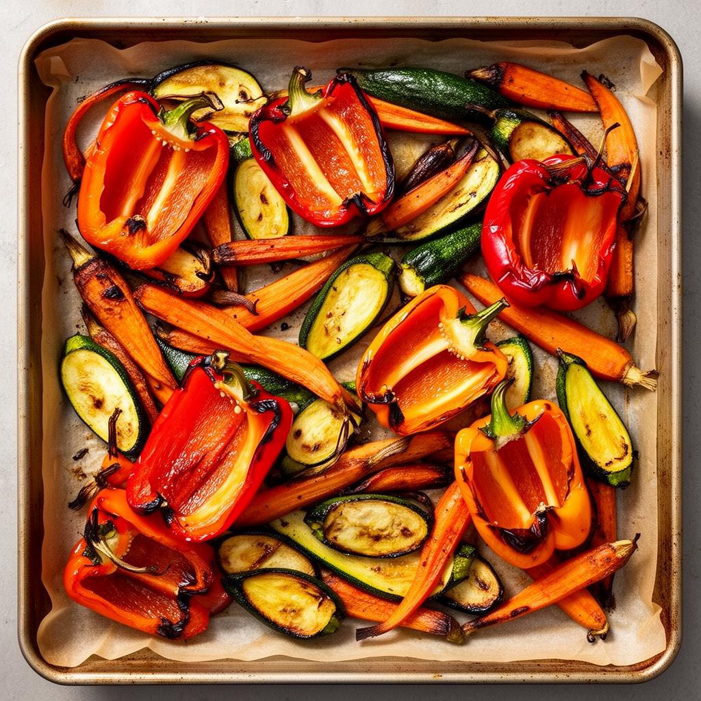 Beautifully caramelized roasted bell peppers, zucchini, and carrots on a parchment-lined baking sheet fresh from the oven