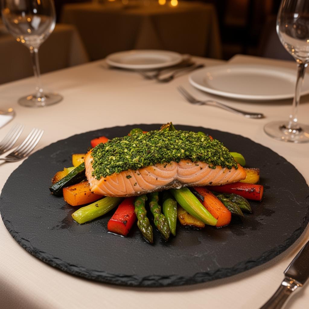 Herb-crusted salmon with colorful roasted vegetables beautifully plated on a dark slate plate at Fermata & Bloom low-FODMAP restaurant
