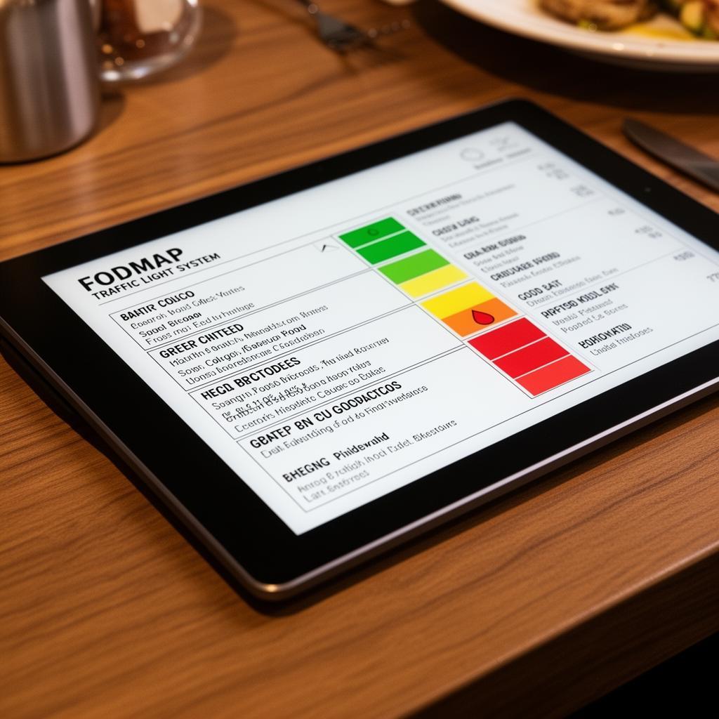 FODMAP traffic light system displayed on a digital restaurant menu tablet showing safe and unsafe food indicators for IBS-friendly dining